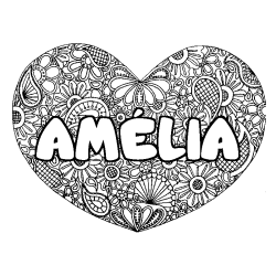 Coloriage prénom AMÉLIA - décor Mandala coeur