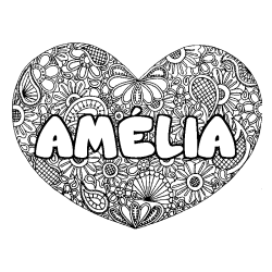 Coloriage pr&eacute;nom AM&Eacute;LIA - d&eacute;cor Mandala coeur
