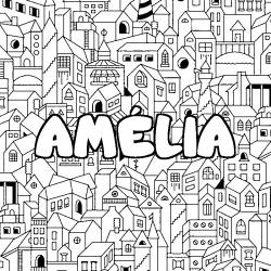 Coloriage pr&eacute;nom AM&Eacute;LIA - d&eacute;cor Ville
