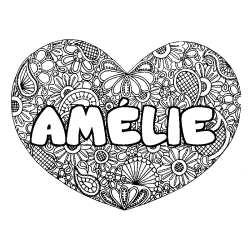 Coloriage prénom AMÉLIE - décor Mandala coeur