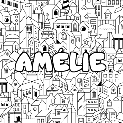 Coloriage pr&eacute;nom AM&Eacute;LIE - d&eacute;cor Ville