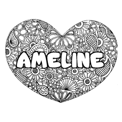 Coloriage prénom AMELINE - décor Mandala coeur