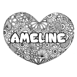 Coloriage pr&eacute;nom AMELINE - d&eacute;cor Mandala coeur