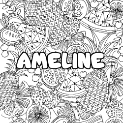 Coloriage prénom AMELINE - décor Mandala fruits