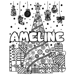 Coloriage prénom AMELINE - décor Sapin et Cadeaux