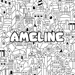 Coloriage prénom AMELINE - décor Ville