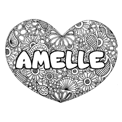 Coloriage pr&eacute;nom AMELLE - d&eacute;cor Mandala coeur