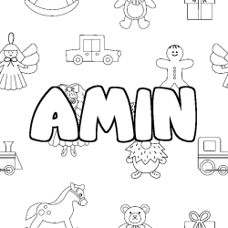 Coloriage prénom AMIN - décor Jouets