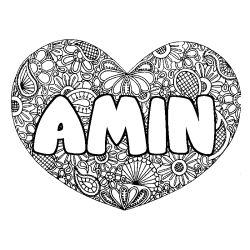 Coloriage prénom AMIN - décor Mandala coeur