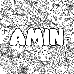 Coloriage prénom AMIN - décor Mandala fruits