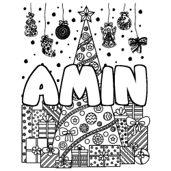 Coloriage prénom AMIN - décor Sapin et Cadeaux
