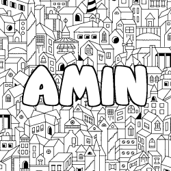Coloriage prénom AMIN - décor Ville