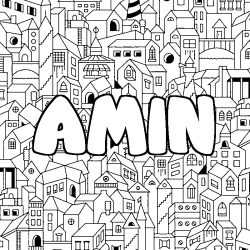 Coloriage pr&eacute;nom AMIN - d&eacute;cor Ville
