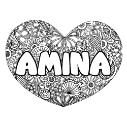 Coloriage pr&eacute;nom AMINA - d&eacute;cor Mandala coeur