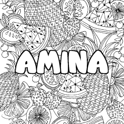Coloriage prénom AMINA - décor Mandala fruits