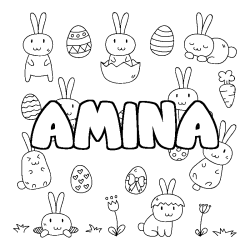 Coloriage prénom AMINA - décor Paques