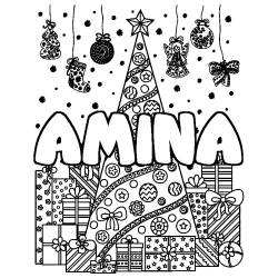 Coloriage prénom AMINA - décor Sapin et Cadeaux