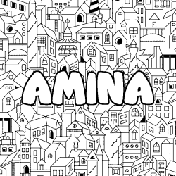 Coloriage prénom AMINA - décor Ville