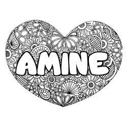 Coloriage pr&eacute;nom AMINE - d&eacute;cor Mandala coeur