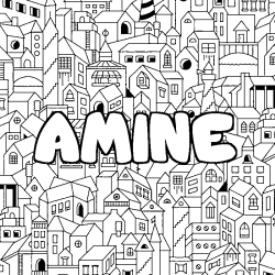 Coloriage pr&eacute;nom AMINE - d&eacute;cor Ville