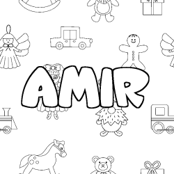 Coloriage prénom AMIR - décor Jouets