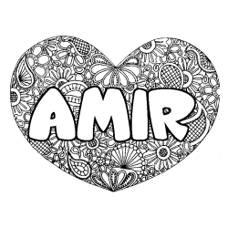 Coloriage prénom AMIR - décor Mandala coeur