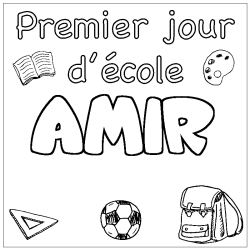 Coloriage prénom AMIR - décor Premier jour d'école