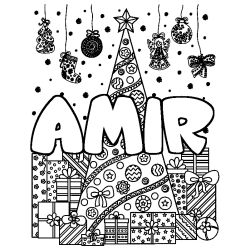 Coloriage prénom AMIR - décor Sapin et Cadeaux