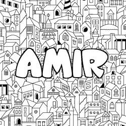 Coloriage prénom AMIR - décor Ville