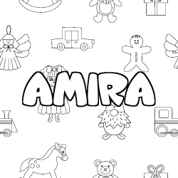 Coloriage prénom AMIRA - décor Jouets
