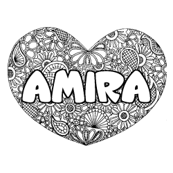 Coloriage prénom AMIRA - décor Mandala coeur