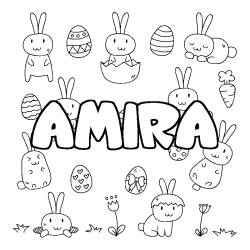 Coloriage prénom AMIRA - décor Paques