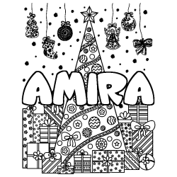 Coloriage prénom AMIRA - décor Sapin et Cadeaux