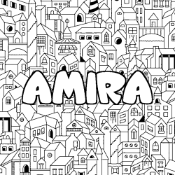 Coloriage pr&eacute;nom AMIRA - d&eacute;cor Ville