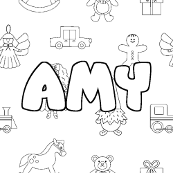 Coloriage prénom AMY - décor Jouets