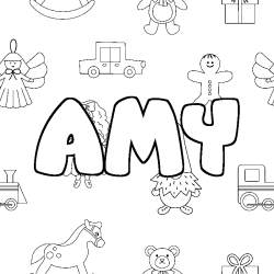 Coloriage pr&eacute;nom AMY - d&eacute;cor Jouets