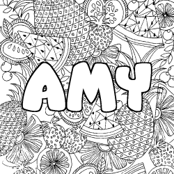 Coloriage pr&eacute;nom AMY - d&eacute;cor Mandala fruits