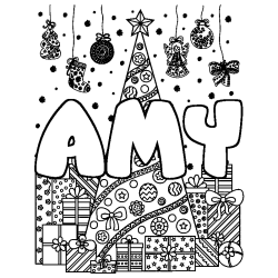 Coloriage prénom AMY - décor Sapin et Cadeaux