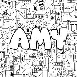 Coloriage prénom AMY - décor Ville