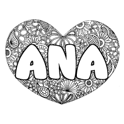 Coloriage prénom ANA - décor Mandala coeur