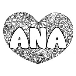Coloriage pr&eacute;nom ANA - d&eacute;cor Mandala coeur