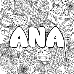 Coloriage pr&eacute;nom ANA - d&eacute;cor Mandala fruits
