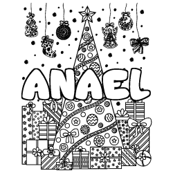 Coloriage pr&eacute;nom ANAEL - d&eacute;cor Sapin et Cadeaux