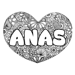 Coloriage pr&eacute;nom ANAS - d&eacute;cor Mandala coeur