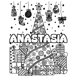 Coloriage prénom ANASTASIA - décor Sapin et Cadeaux