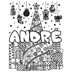 Coloriage pr&eacute;nom ANDR&Eacute; - d&eacute;cor Sapin et Cadeaux