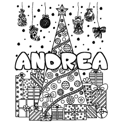 Coloriage pr&eacute;nom ANDREA - d&eacute;cor Sapin et Cadeaux