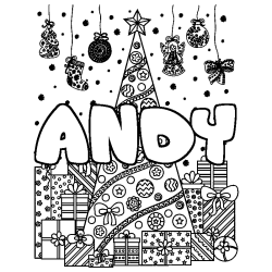 Coloriage prénom ANDY - décor Sapin et Cadeaux