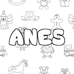 Coloriage pr&eacute;nom ANES - d&eacute;cor Jouets