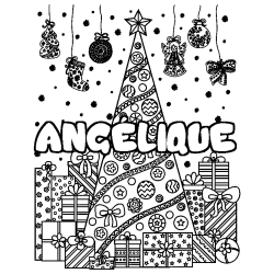 Coloriage pr&eacute;nom ANG&Eacute;LIQUE - d&eacute;cor Sapin et Cadeaux